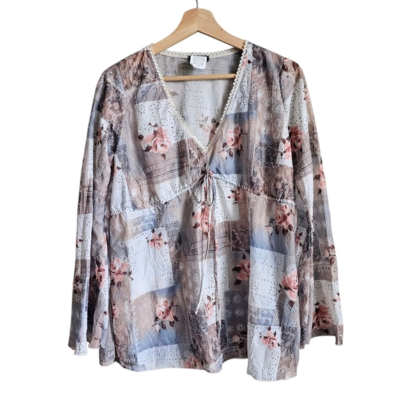 Y2k Vintage Eyeshadow Babydoll Floral Patchwork Blouse Top Size Medium USA Made - Picture 1 of 5